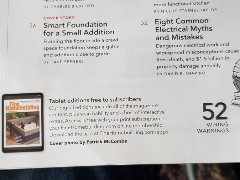 An image from the Table of Contents of the 
February/March 2025 issue of <em>Fine Homebuilding</em> Magazine, offering
a description of his article on pages 52-55 describing common electrical errors