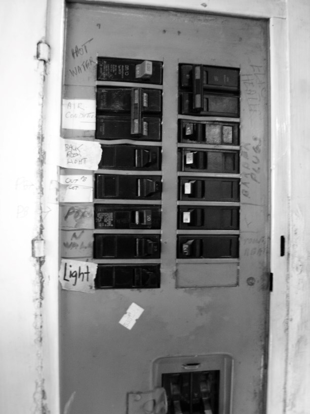 Large panelboard cover with identifiers
	such as 'Lights' written here and there