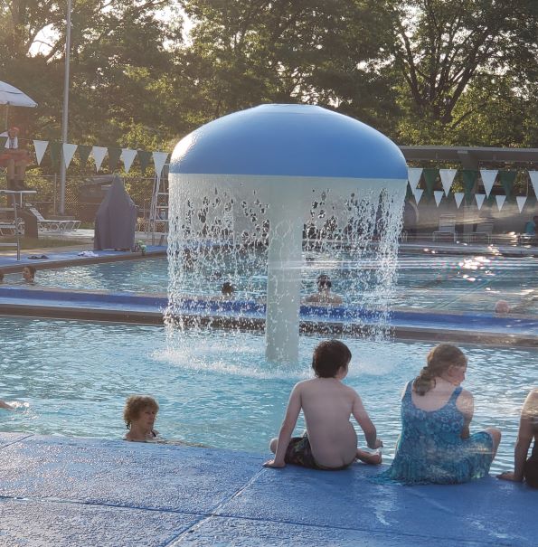 Swimming pool being enjoyed one summer afternoon